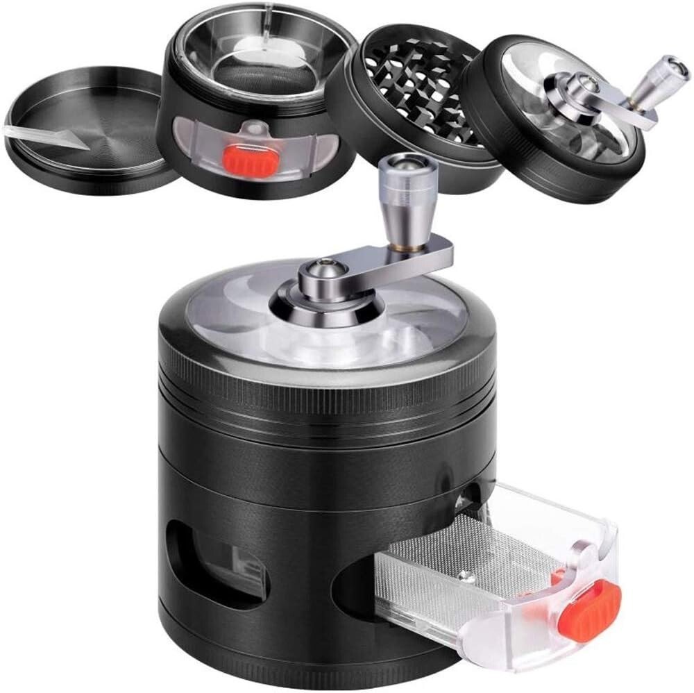 2.4" 4 PC Black Tobacco Herb Spice Grinder W/ Handle Crank & Drawer Crusher