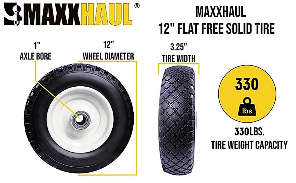 MaxxHaul 12" Flat Free Wheel Replacement Solid Tire Wheelbarrow 330 lb 51067
