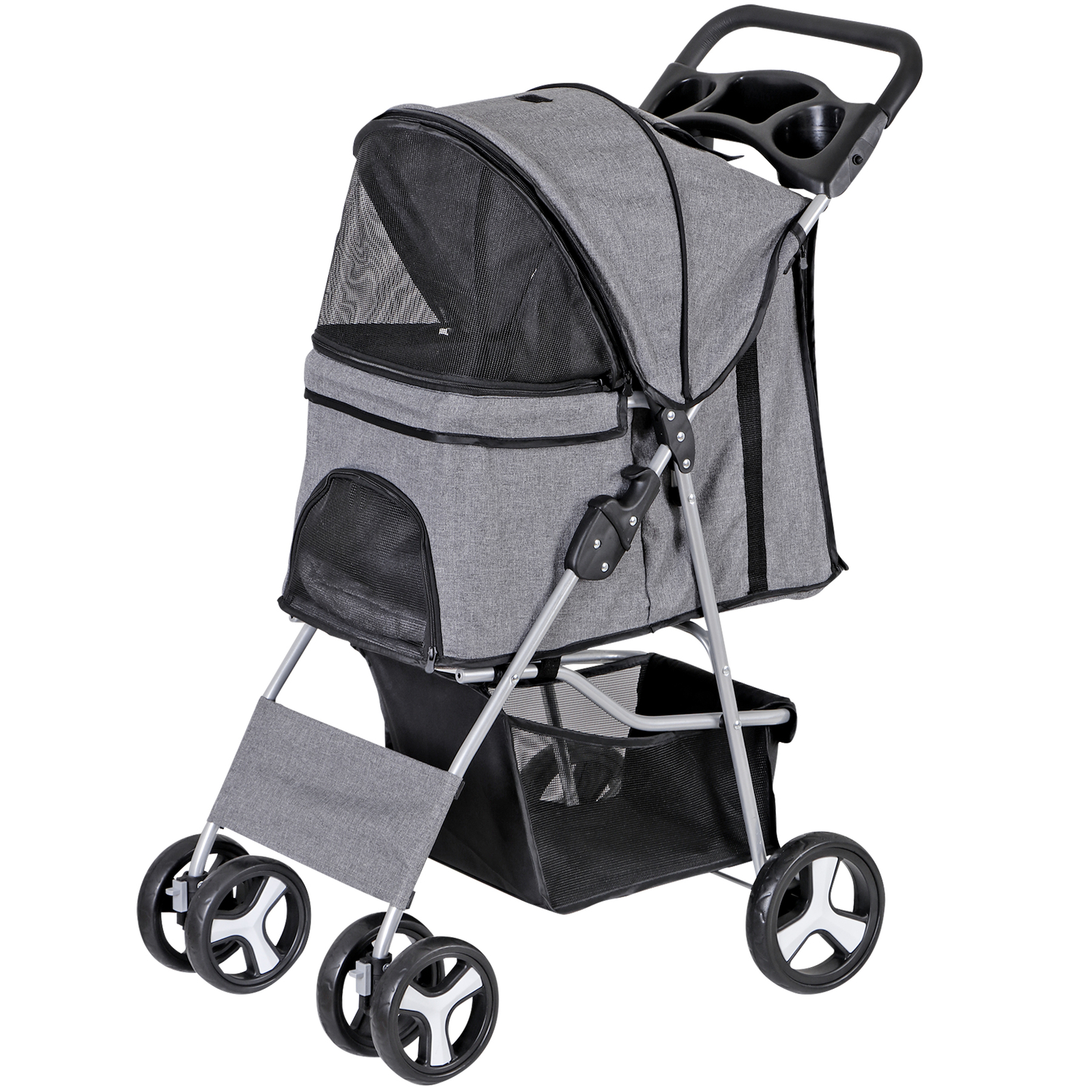 4-Wheels Pet Stroller Dog Stroller Foldable Cat Carrier Jogger w/Cup Holder Gray