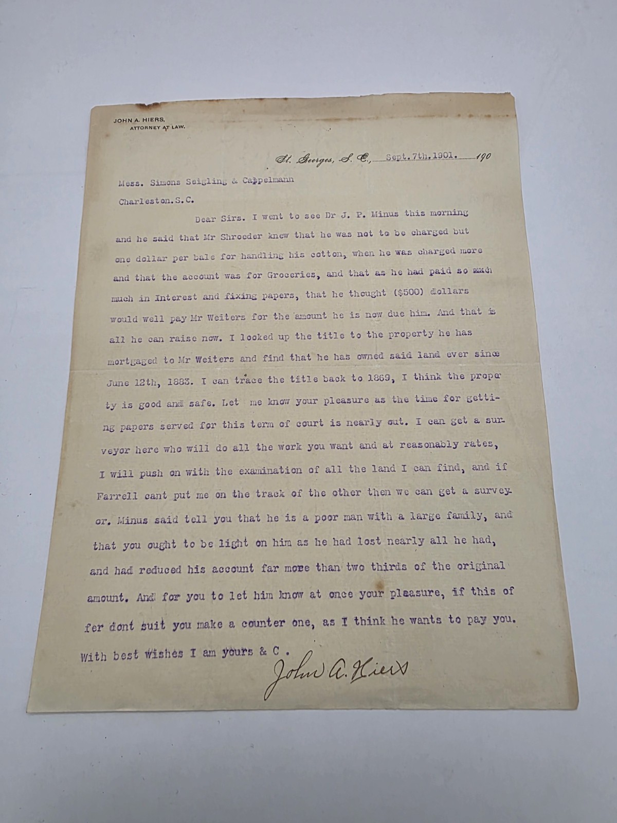 1901 South Carolina Letter Cotton Debt Charleston Dr. J.P. Minus 2 Documents