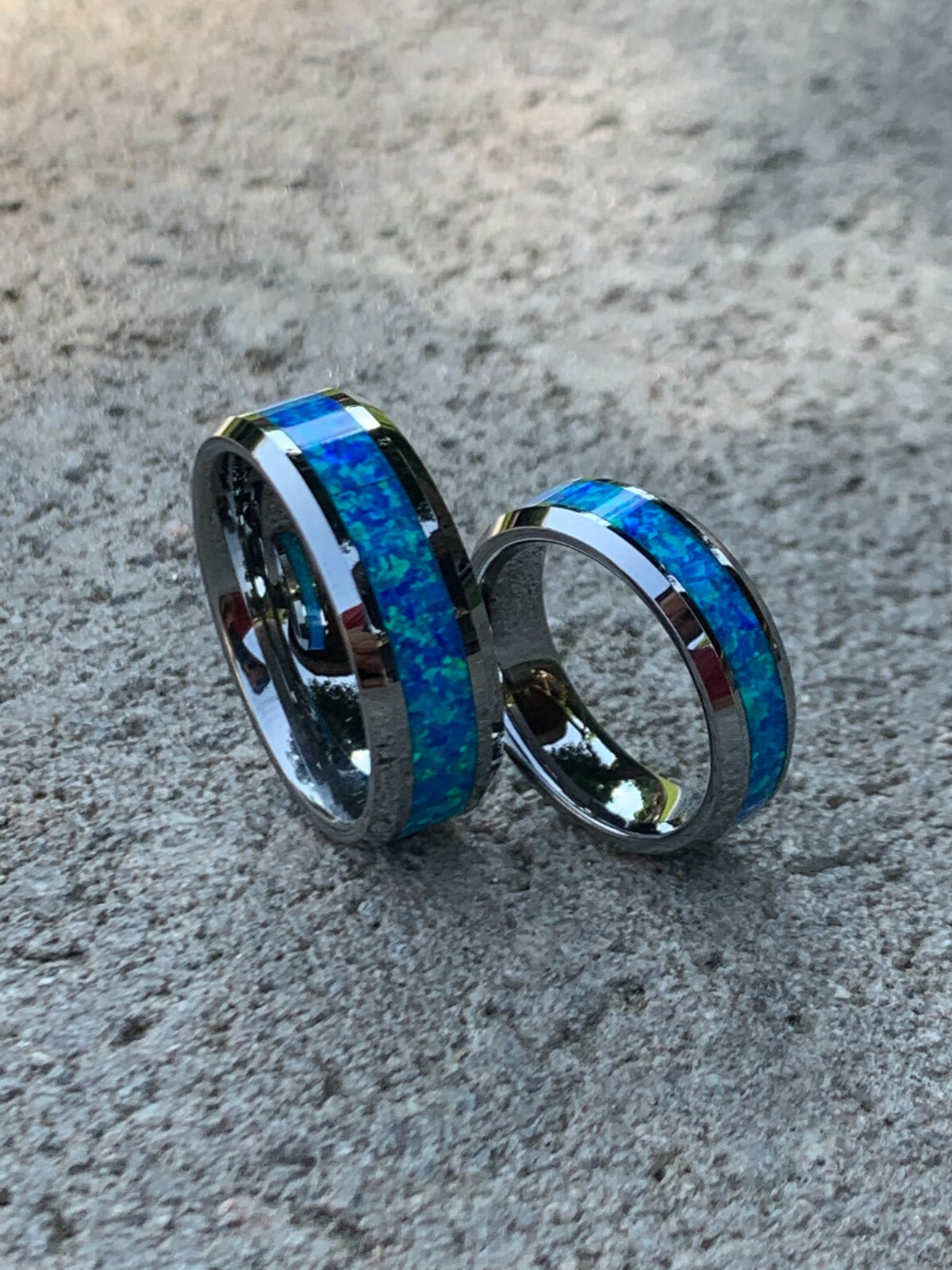 His & Her's Tungsten Carbide Hawaiian Ocean Opal Blue Inlay Wedding Band Ring