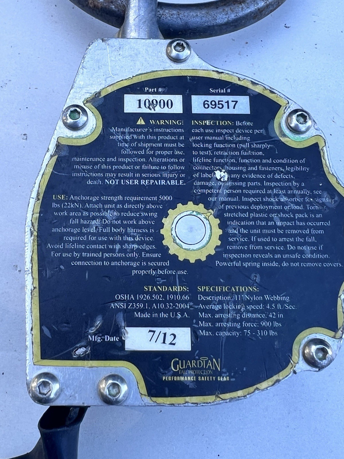 Guardian Fall Protection 11' Halo Web SRL 10900 & Carabiner Swivel Top Snap Hook