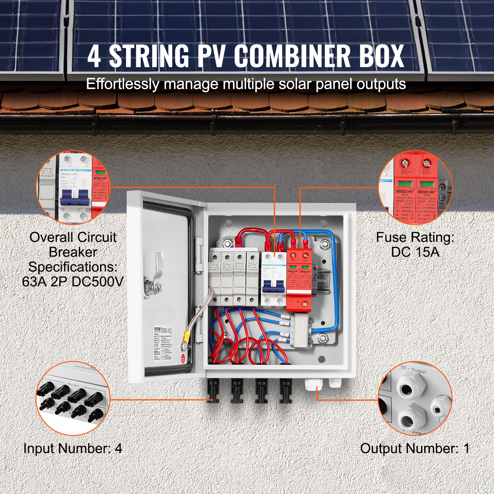 VEVOR Solar PV Combiner Box 4 String 15A for Solar Panel System Steel Case IP65