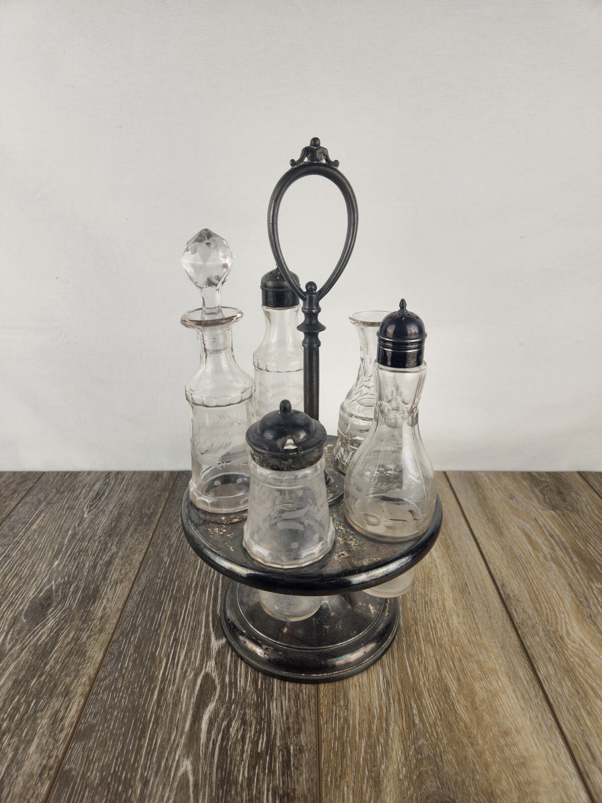 Antique Silver Plate Cruet Castor Condiment Serving Tray Set w/ 5 Bottles