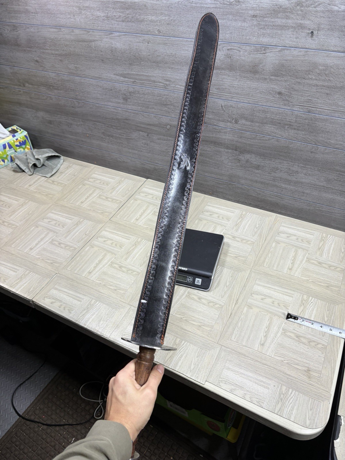 Pakistan Reproduction Battle Sword W Leather Sheath Wood Handle Metal Blade Vtg