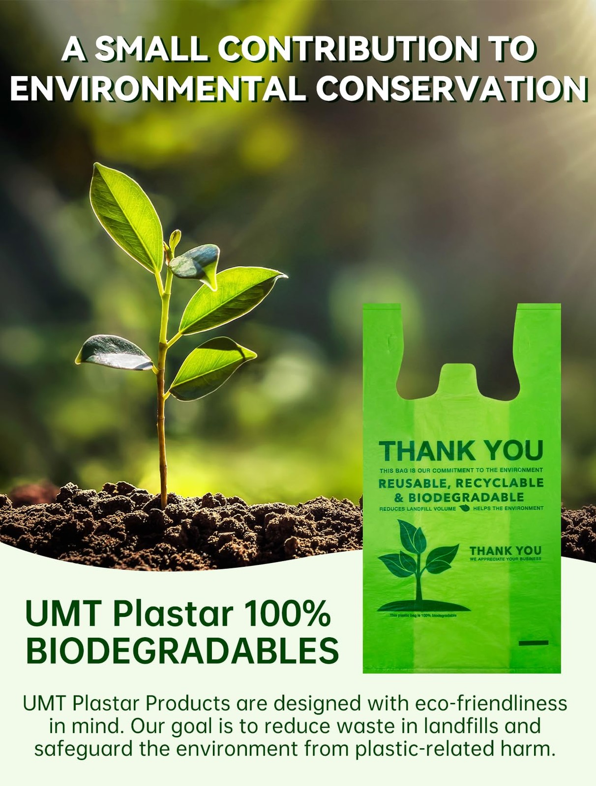 100 Count Biodegradable T-Shirt Bags, Compostable Thank You Grocery Bags, Eco...