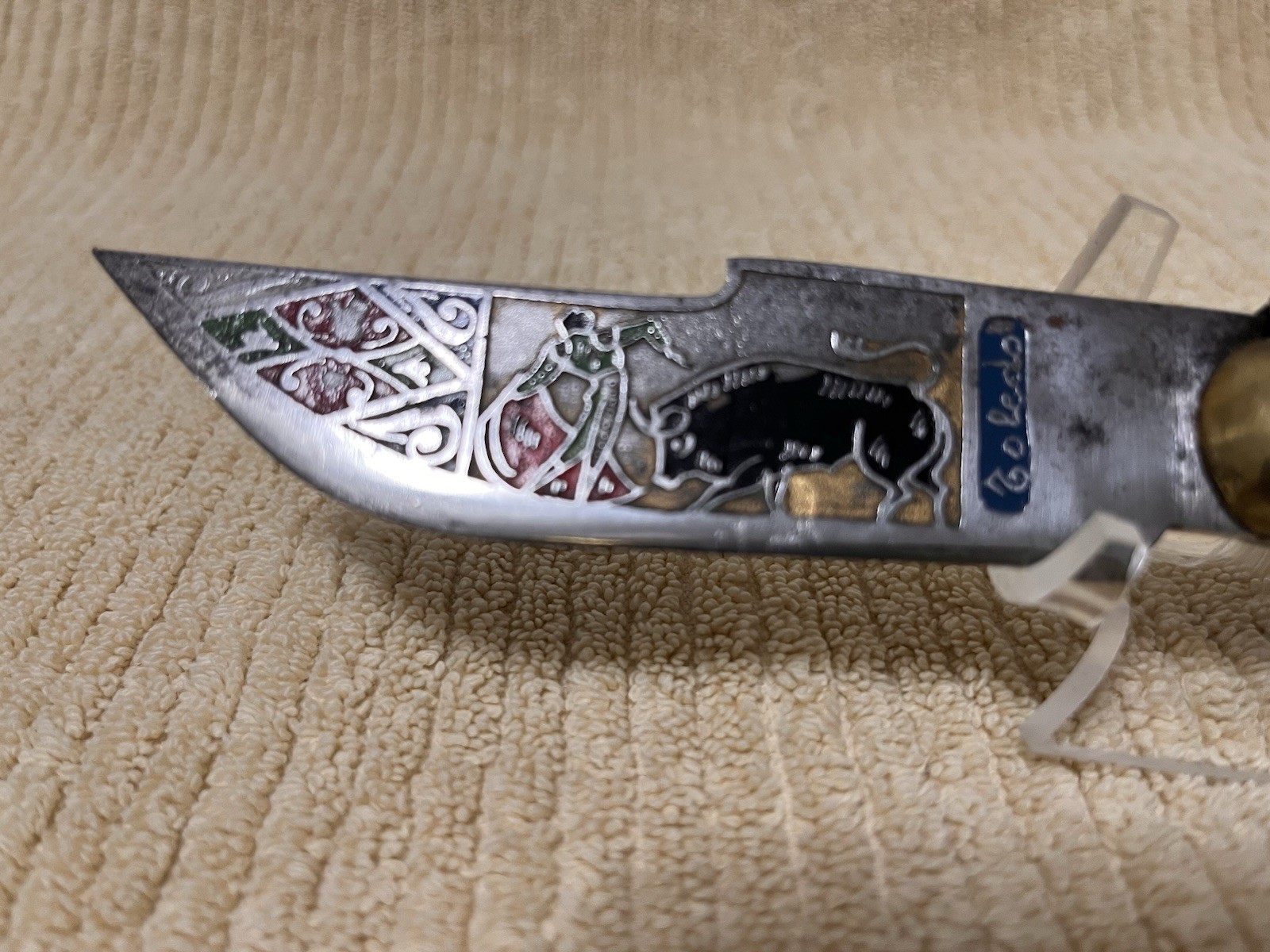 Rare Antique Spanish TOLEDO Color Etched Blade Horn Handle Knife