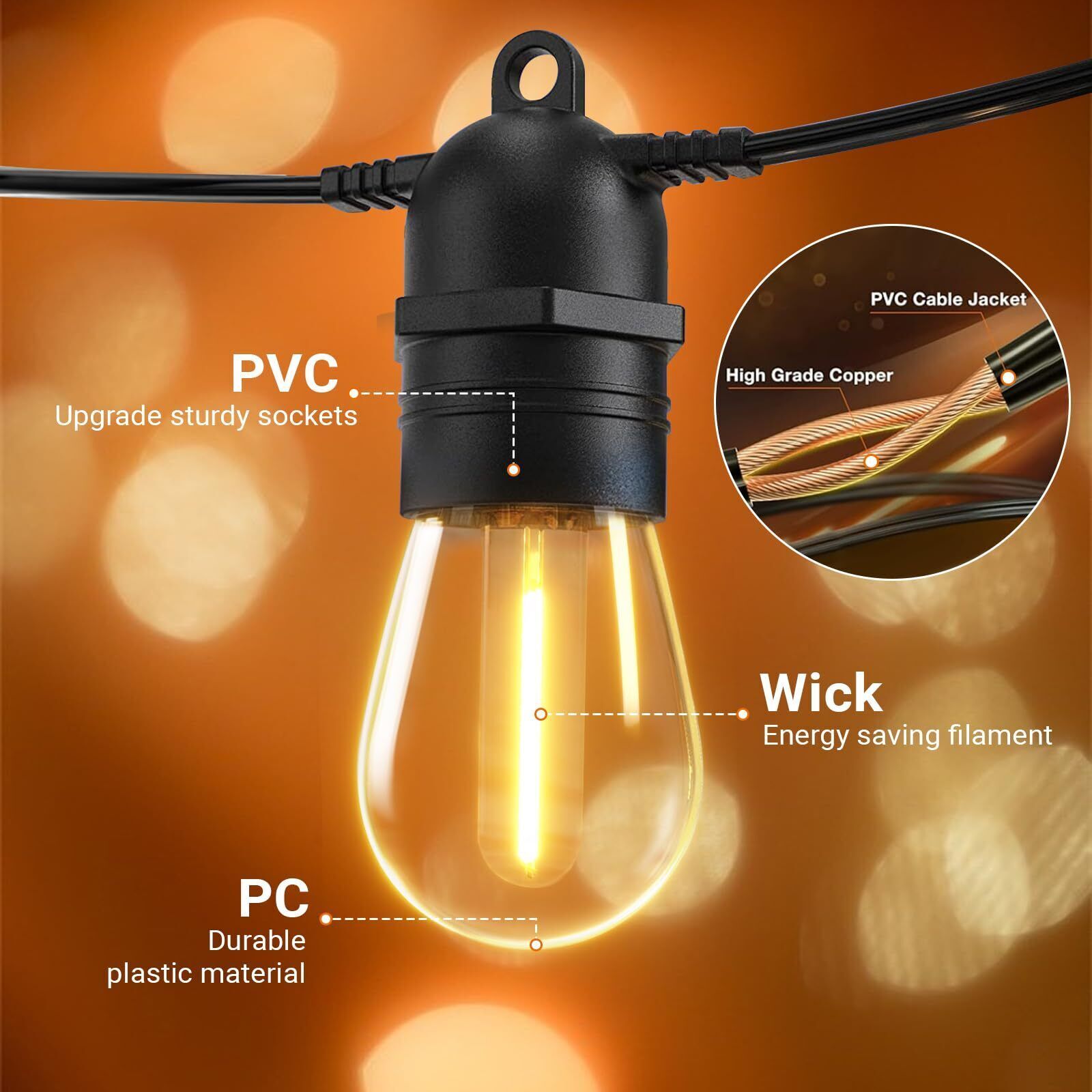 27ft Shatterproof LED String Lights IP65 Outdoor 10 Bulbs E26 Warm White for Gar