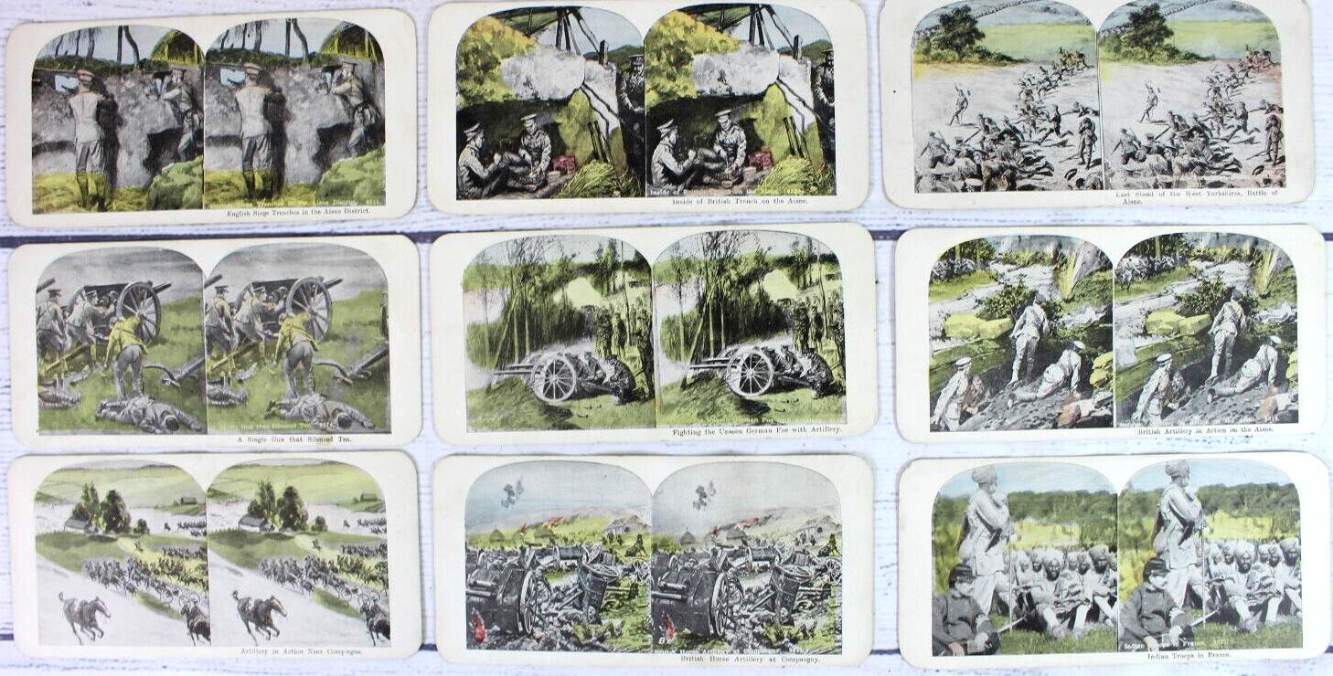Lot of 27 WWI Stereoscopic 3D Cards Ships Cavalry Cannons Trenches War Scenes