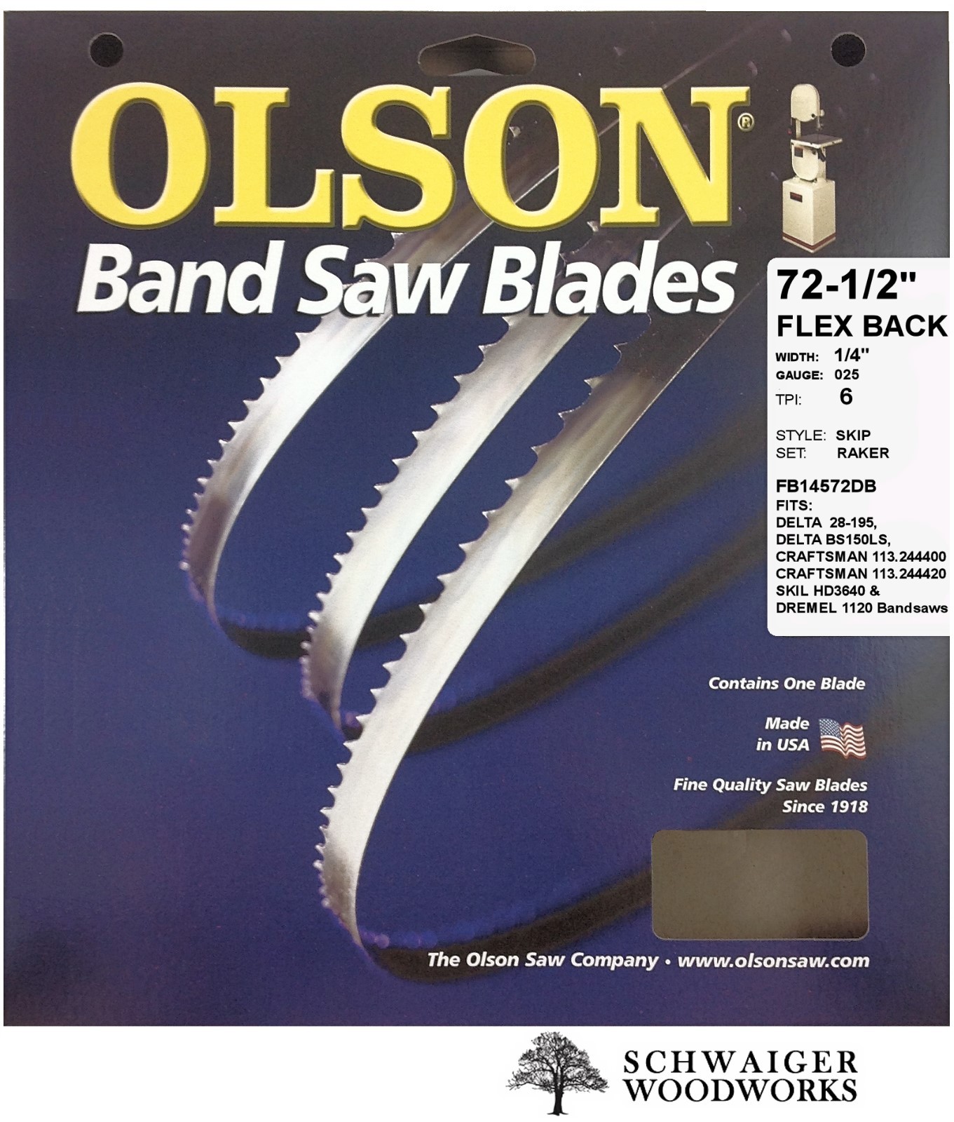 Olson Band Saw Blade 72-1/2" - 72-5/8" inch x 1/4"  6T, Delta 28-195, Craftsman