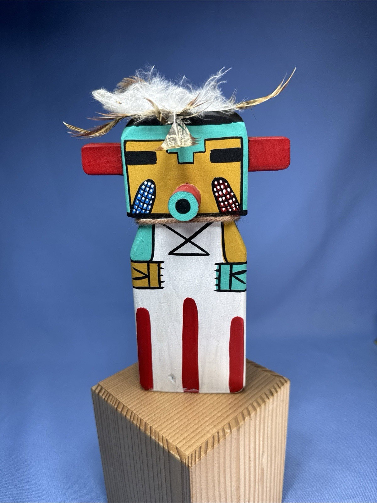 VTG Hopi Puchtihu Corn Kachina Flat Carved Wood With Feathers 7” Sign Puhuyesua