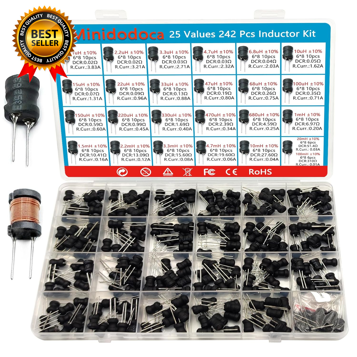 25 Values 242 Pcs Inductor Kit 1Uh to 100 Mh DIP Radial Power Choke