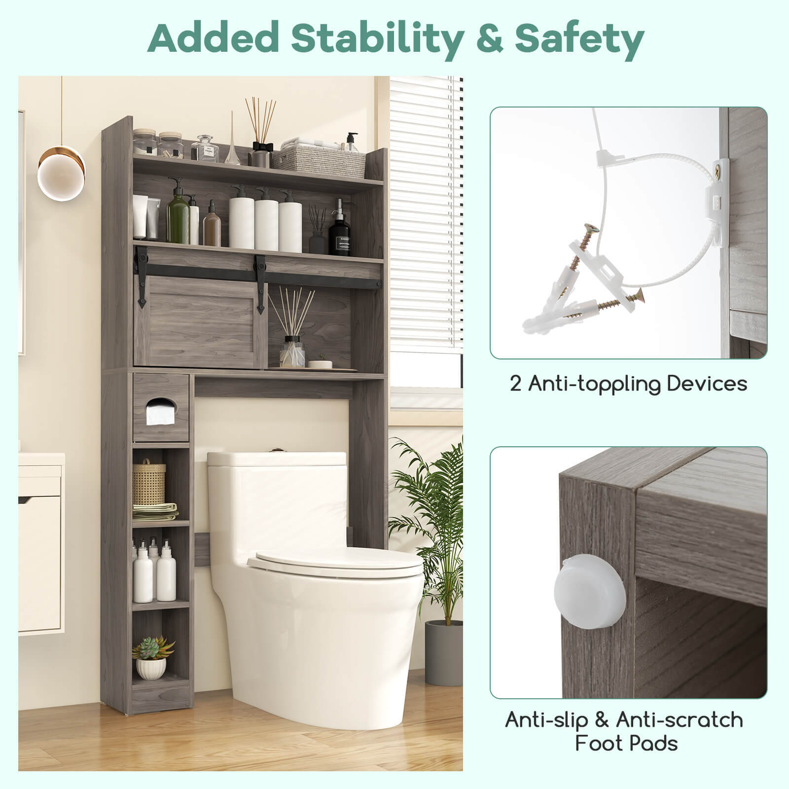 Over The Toilet Storage Cabinet w/ Adjustable Shelves 2 Hooks Sliding Barn Door