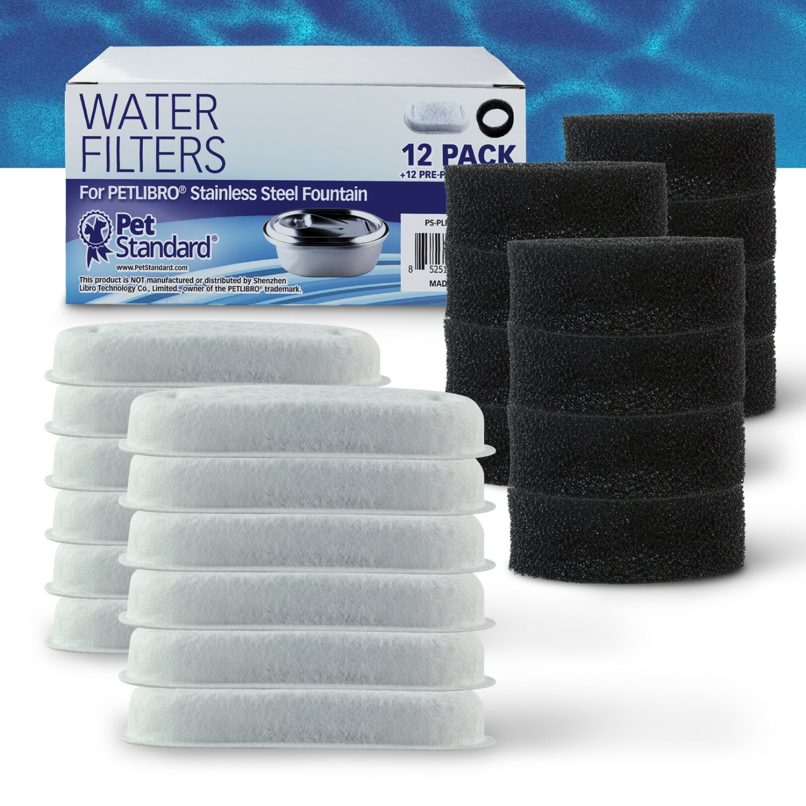 Water Filters & Pre-Filter Sponges For PETLIBRO® Stainless Steel, 12 Pack