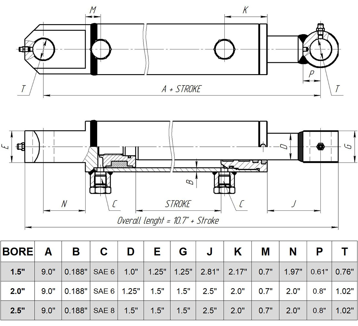 Hydraulic Cylinder Welded Double Acting 2.5" Bore 22" Stroke Tang WTG 2.5x22 NEW