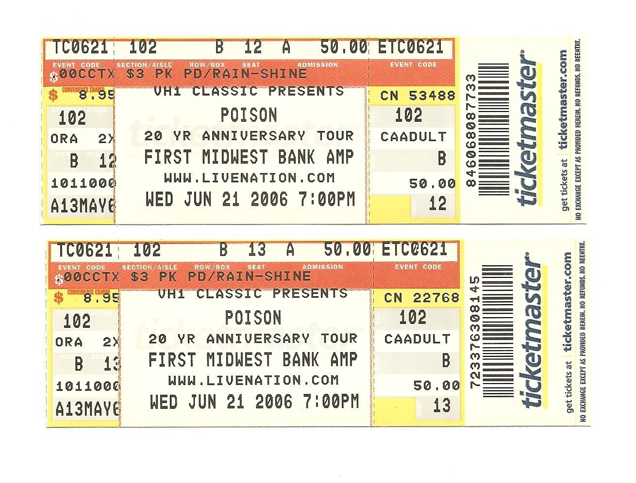 Poison Unused Concert Tickets from June 21, 2006