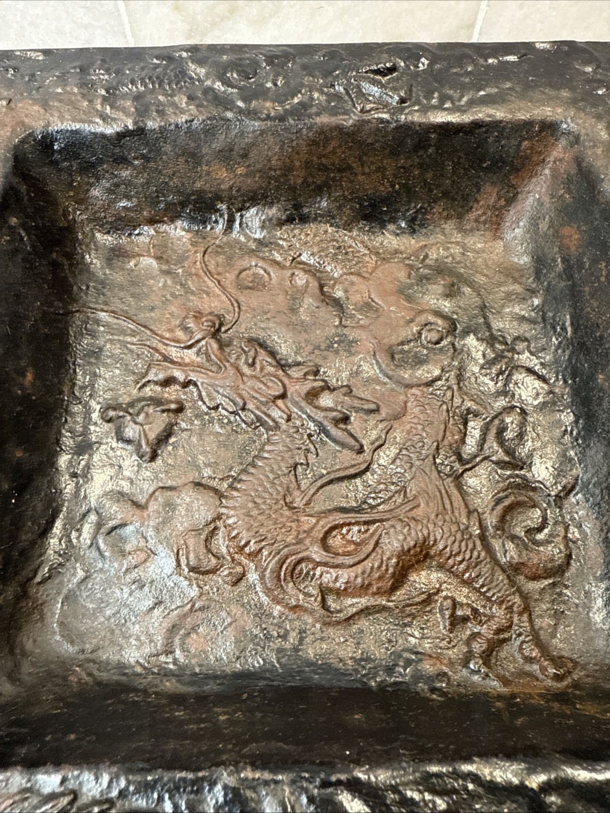 Vintage Japanese Cast Iron Dragon Tray Umbrella / Cane Stand Drip Pan 9.5”