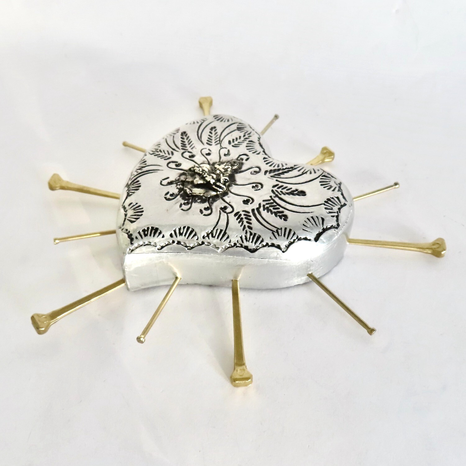 Milagros Sacred Heart Nails Wood Silver Embossed Handmade Mexican Folk Art 6H