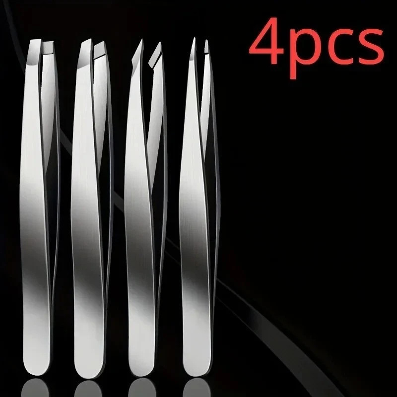 4pcs Stainless Steel Tweezers Set for Eyebrows Facial Hair Precision Grooming