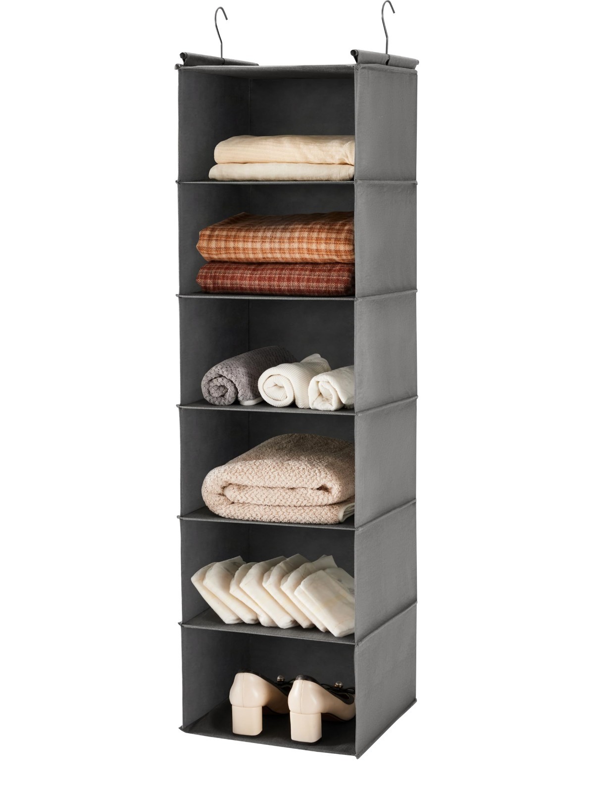 6-Tier Hanging Closet Organizer Shelf with 2 Hooks, Foldable Storage Solution -