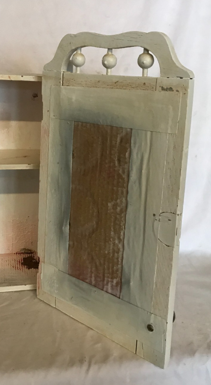 VTG 13x18 Wood Shabby Wall Medicine Cabinet Mirror Stick & Ball Chic Old 26-26B