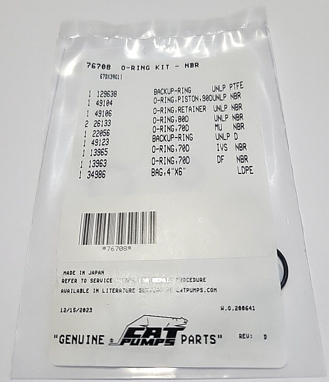 #76708 Cat Pumps Unloader O-ring Kit Cat , 67DX39G1I Pumps OEM