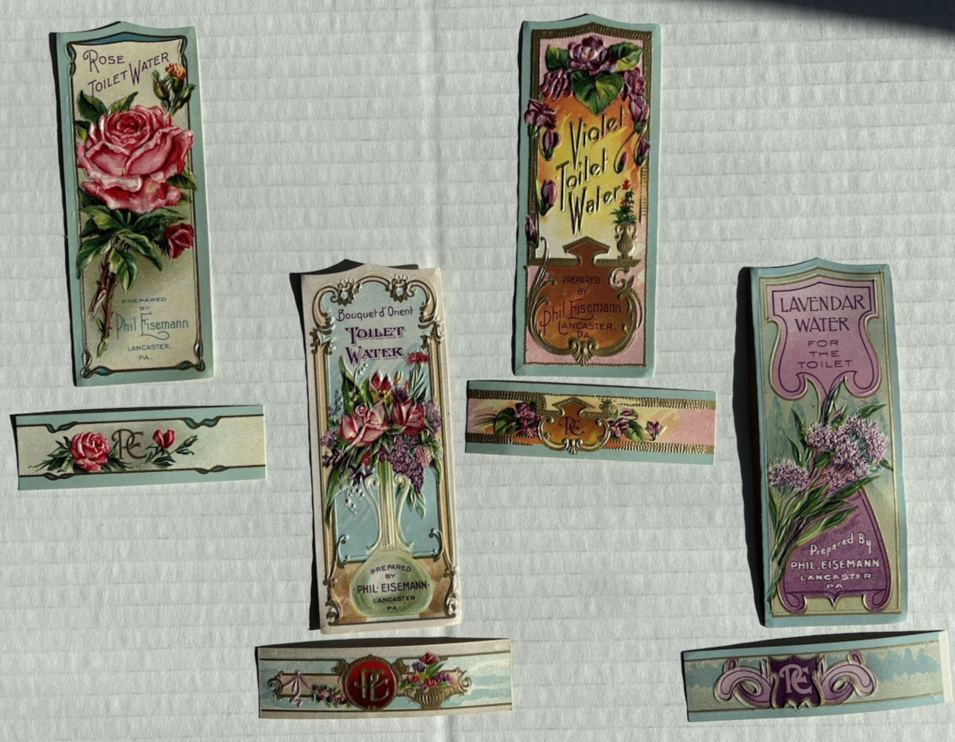 LOT of 8 Antique Perfume Beauty Labels Phil Eisemann Rose Toilet Water Violet
