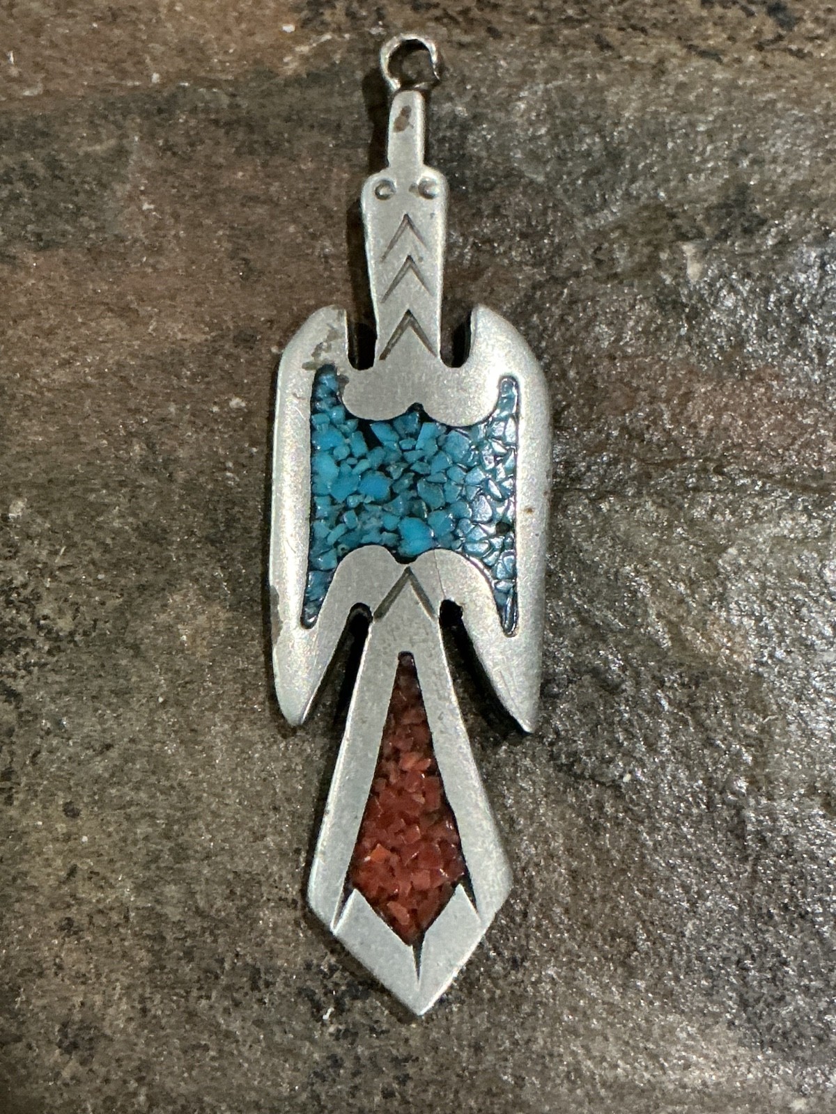 OLD TOMMY SINGER Navajo Sterling Turquoise&Coral Chip Peyote Bird Pendant T ☾