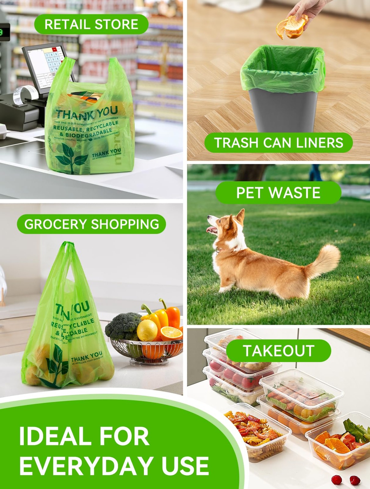 100 Count Biodegradable T-Shirt Bags, Compostable Thank You Grocery Bags, Eco...