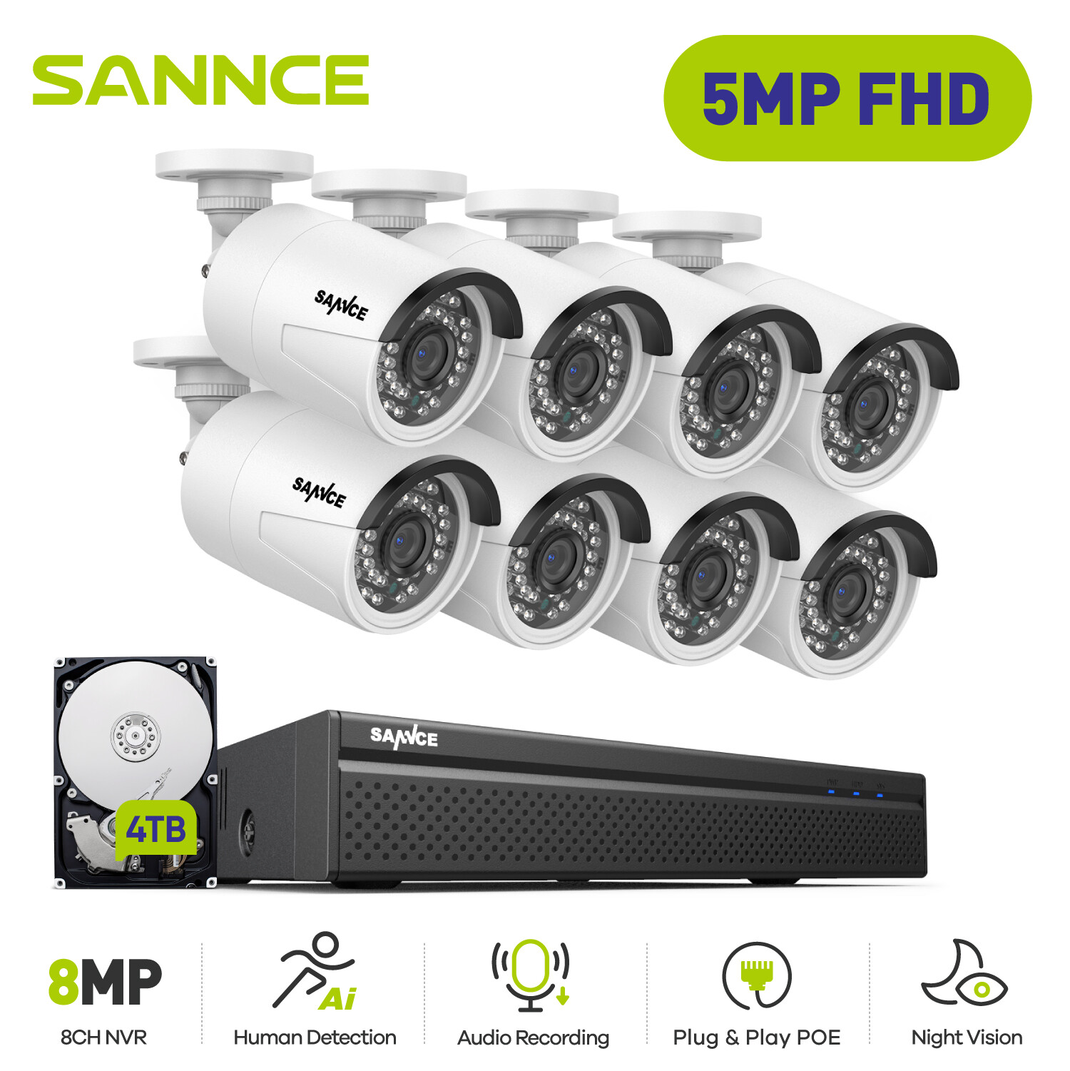 SANNCE 5MP Audio POE Security IP Camera System 8CH 8MP NVR Outdoor Night Vision