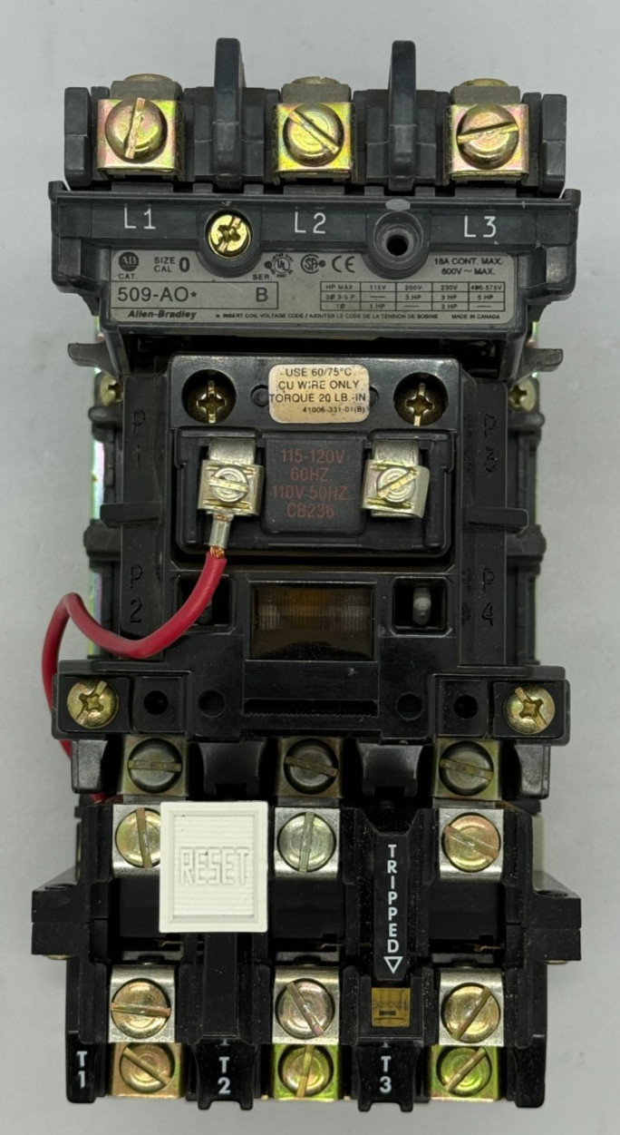 509-AOD Allen-Bradley Motor Starter Contactor 5 HP 600 VAC 18 amps. Size 0 (Z2)