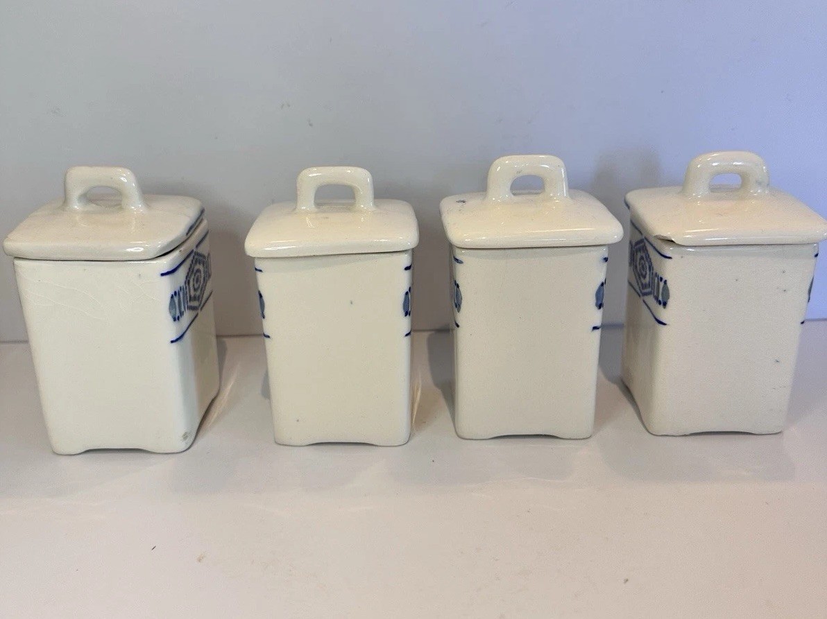 4 Blue and white Czechoslovakian spice canisters vintage