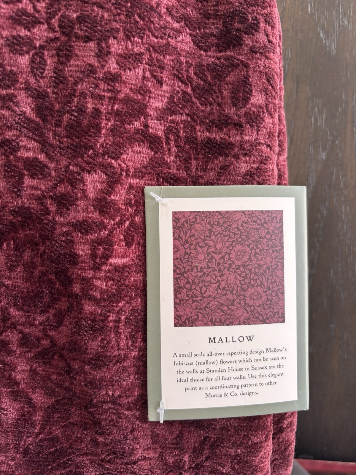 Morris & Co Mallow Burgundy Velvet Floral Back Tap Window Curtain 96” 2 Panels