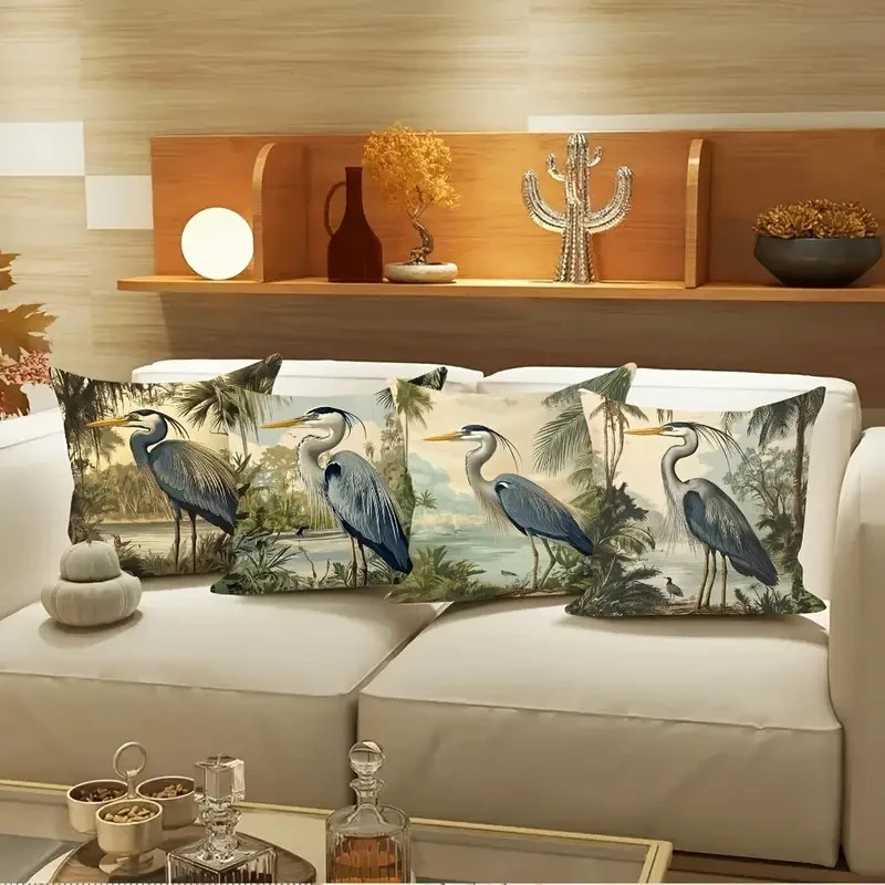Stunning 4 PC Set Great Blue HERON Pillow Covers 18"x18" Luxury Home Decor