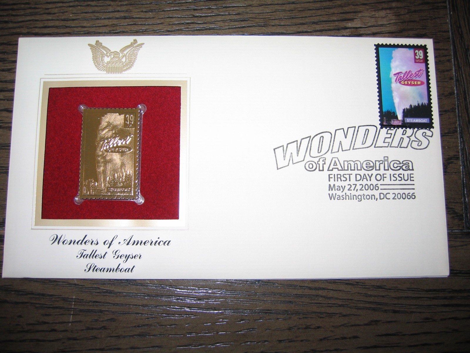 2006 Wonders of America Tallest Geyser Steamboat Replica Golden Cover Stamp