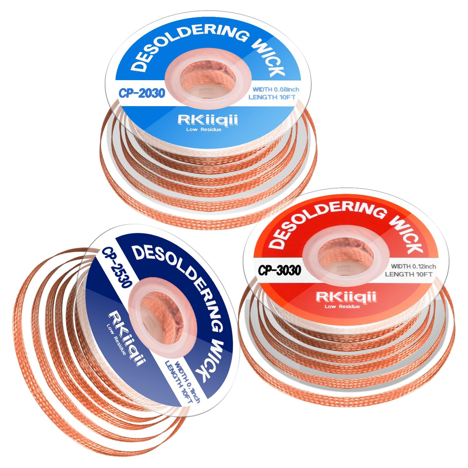 3Pcs Solder Wick Braid Kit with Flux, Low Residue Desoldering Wire 10ft Each