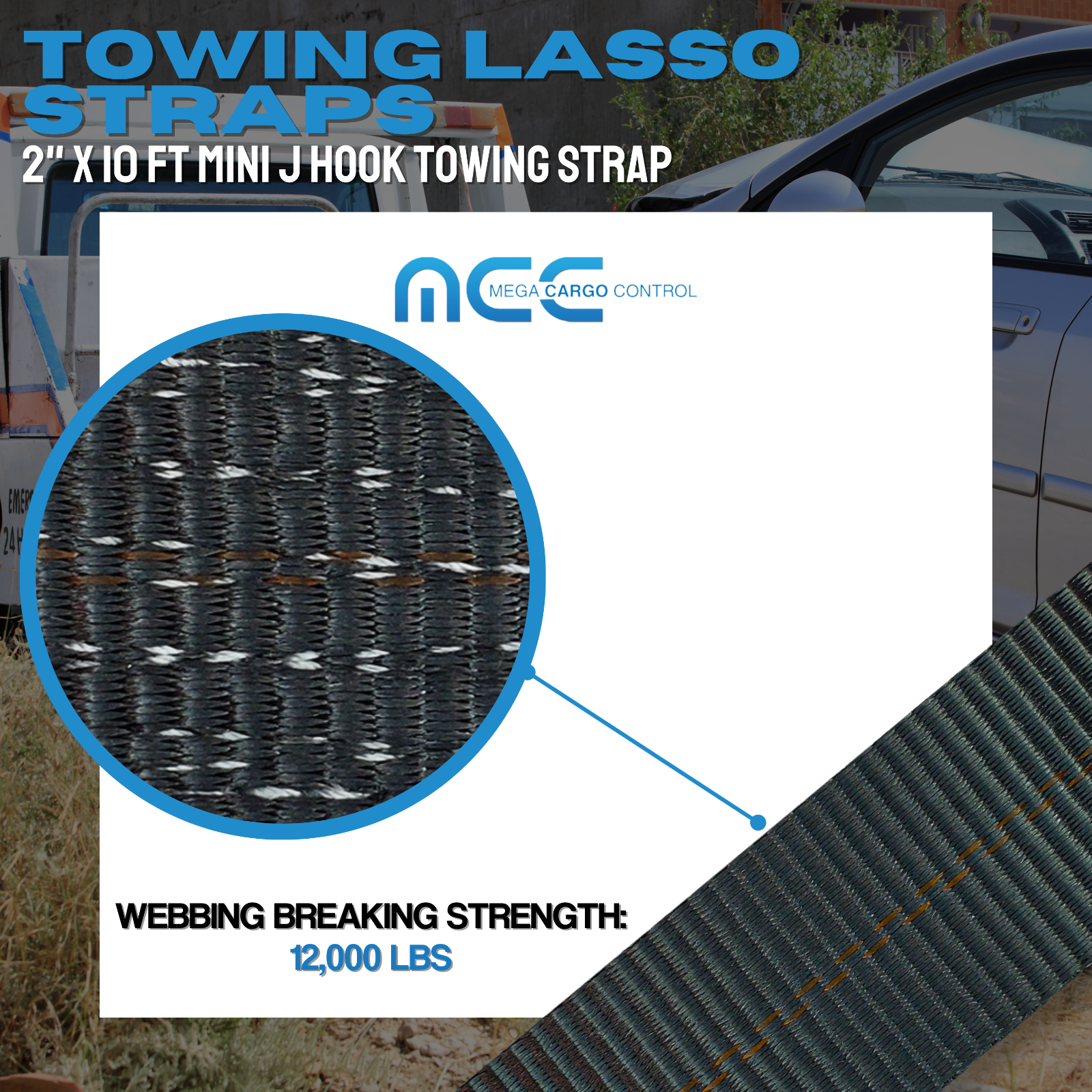 Heavy Duty G70 2" x 10' Mini J Hook Towing Trailer Wrecker Lasso Tie Down Strap