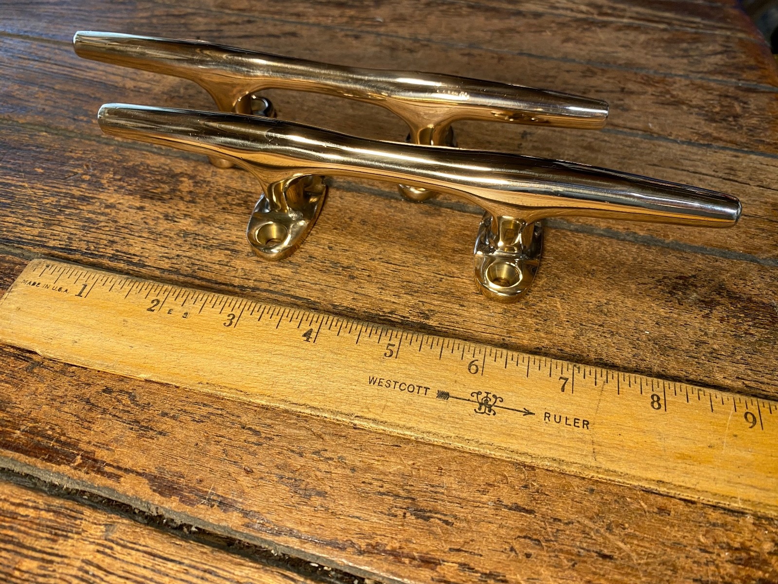 Pair Vintage Polished Bronze 8" Herreshoff Style Cleats, Drawer/Door Handles