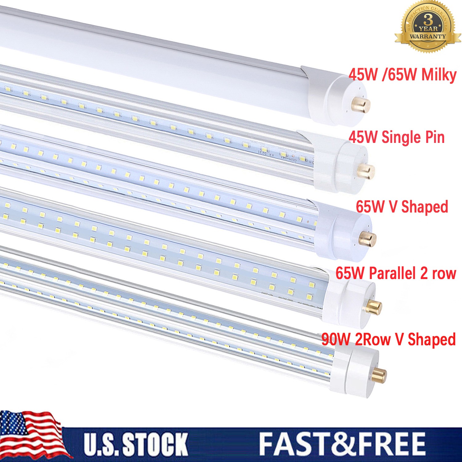 8FT LED Tube Light T8 T12 Single Pin FA8 Bulbs ,45W 65W 90W 8Foot LED Shop Light