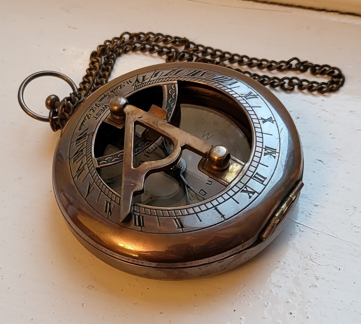 Sun Dial Pocket Watch Brass Compass Chain Antique Old Gold Lustre Wooden Box UK