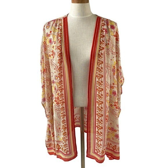 Belle by Kim Gravel Boho Sheer Paisley Kimono Cardigan Women Size 1X Orange