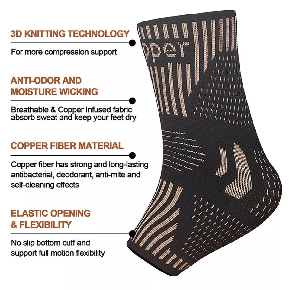 Copper Ankle Brace Silver Support Compression Sleeve Socks Foot Fasciitis Pain