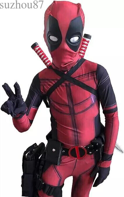 USA Kids Deadpool Halloween Cosplay Costume Jumpsuit Zentai Bodysuit Accessories
