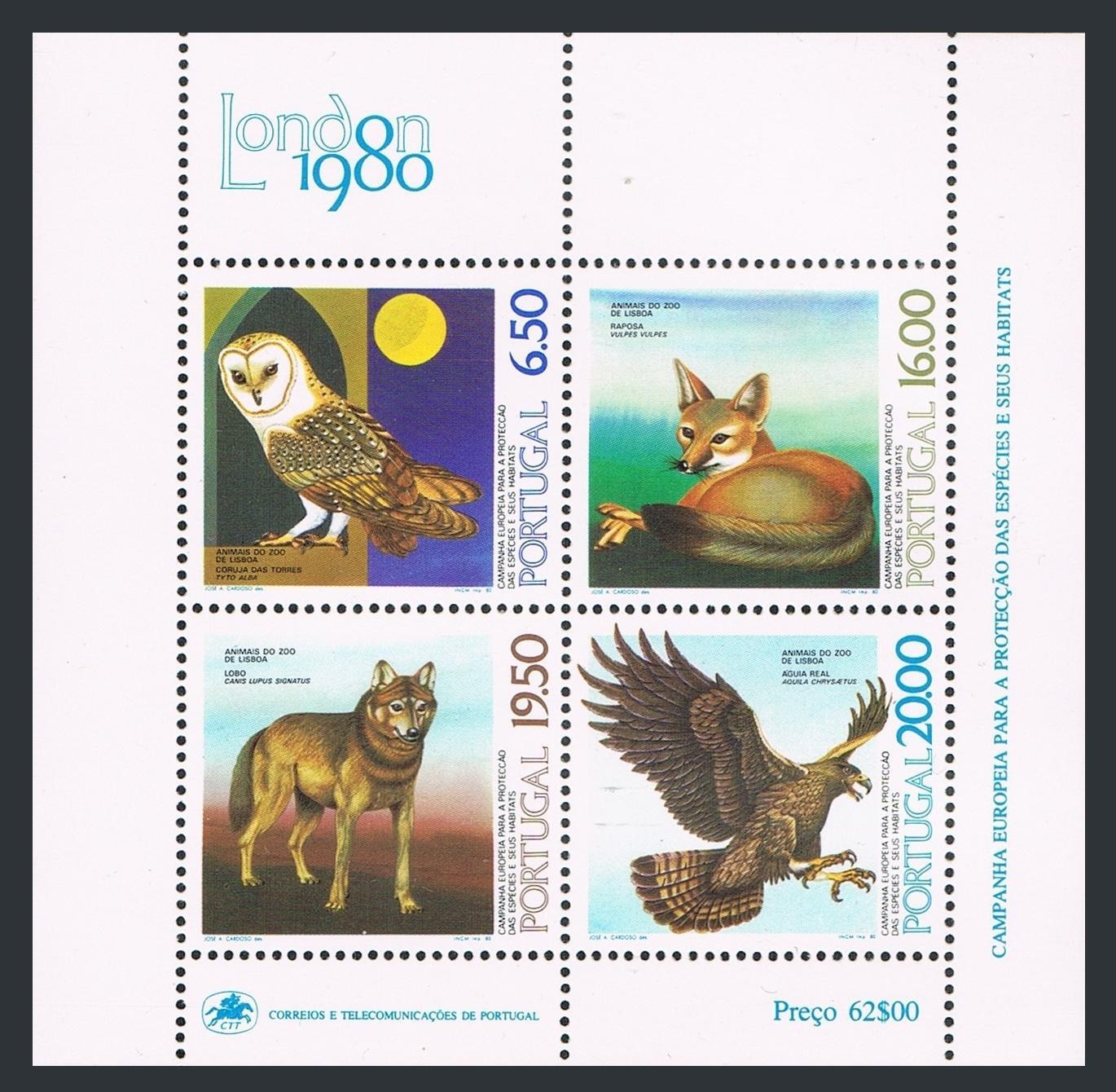 Portugal #1465a Mint NH Complete Souvenir Sheet Owl,Eagle,Fox,Wolf  London 1980