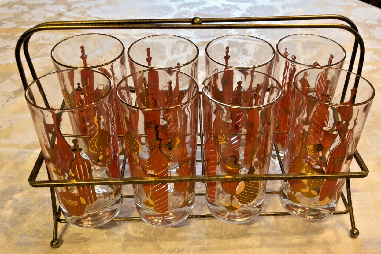 MCM Gay Fad Bordeaux Barware Highball Glasses 5.5” Set Of 8 in Carrier Caddy