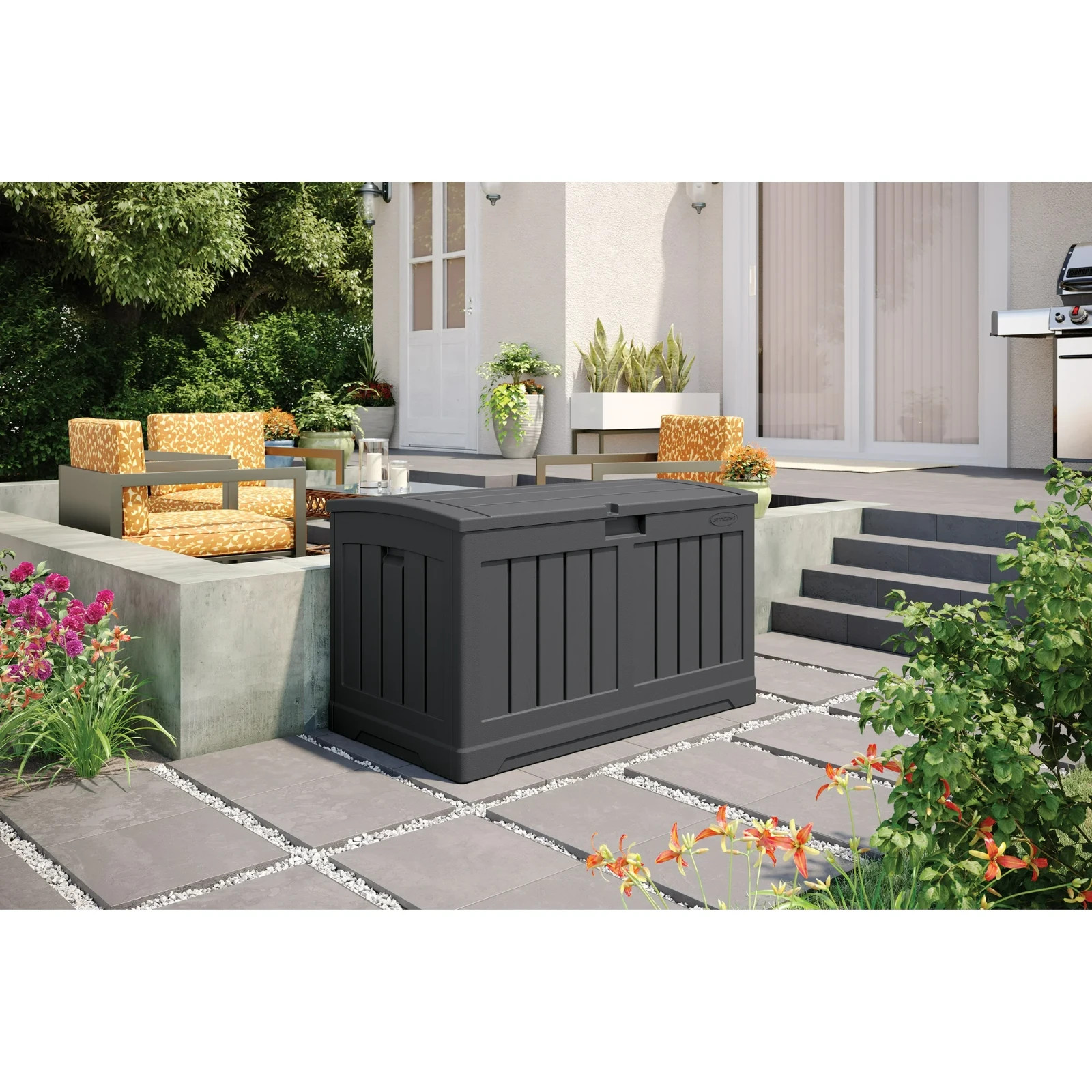 Suncast 50 Gallon Medium Resin Outdoor Storage Deck Box w/ Lid, Peppercorn