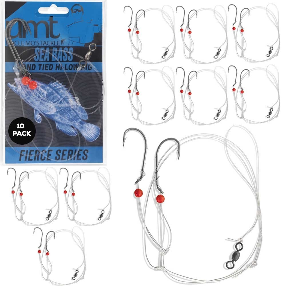 UMT - 10 Pack Hi/Lo Sea Bass Rigs  Mustad 3/0 Bait Hooks, 60lb Line, 80lb Swivel