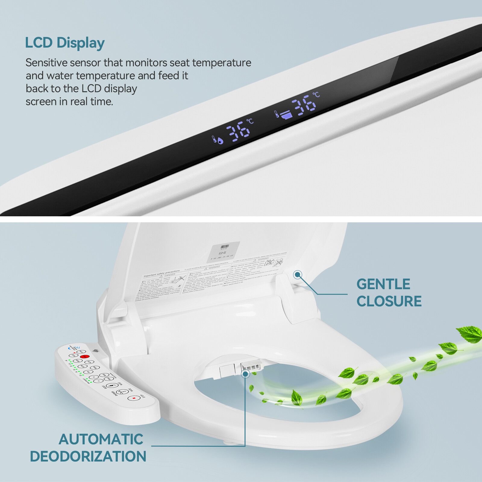 Smart Toilet Seat Electric Bidet Elongated Auto Deodorization Heated Nightlight