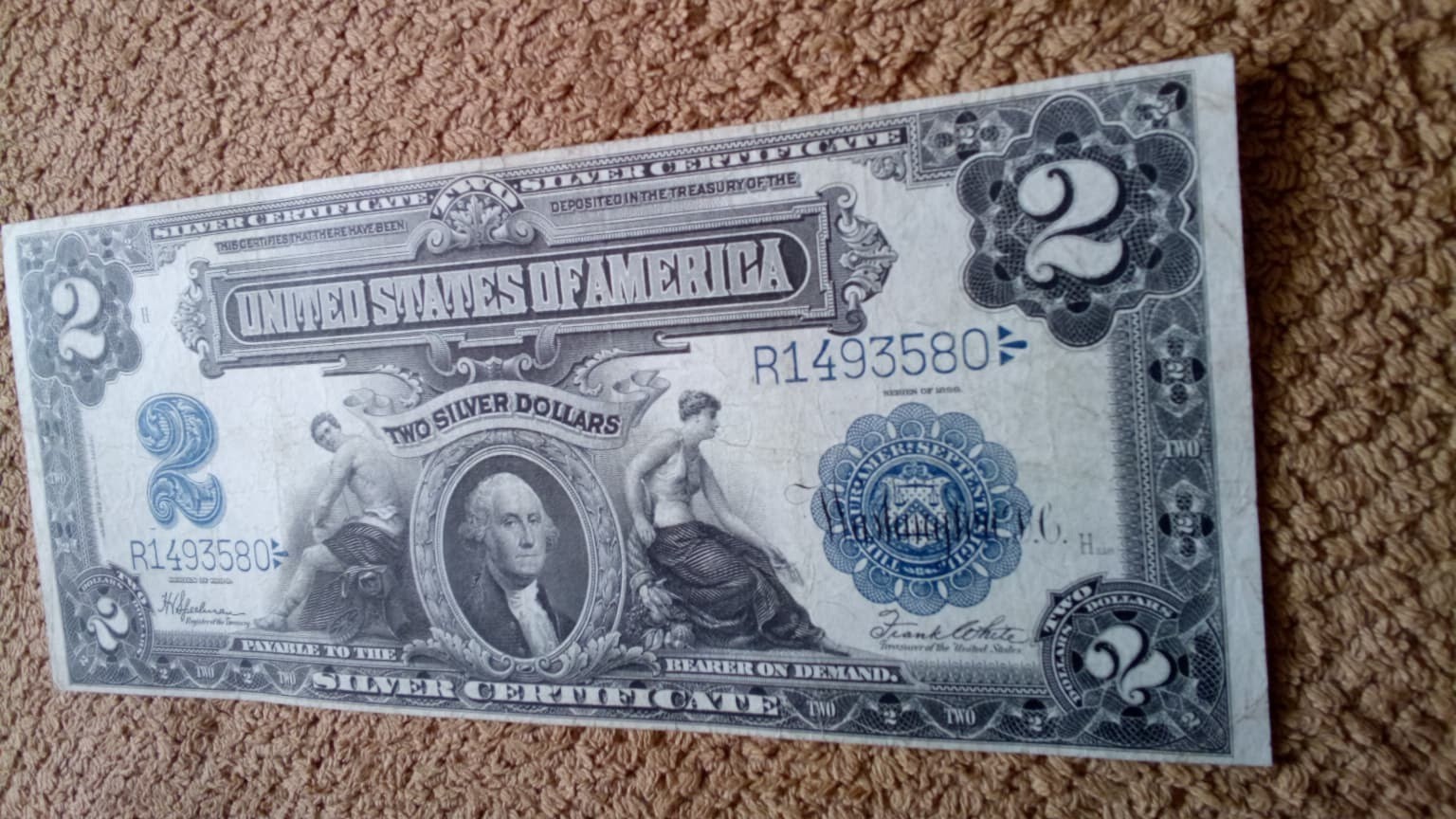 1899 $2 TWO DOLLAR SILVER CERTIFICATE BANKNOTE (NICKNAME OF MINI PORTHOLE), VF++