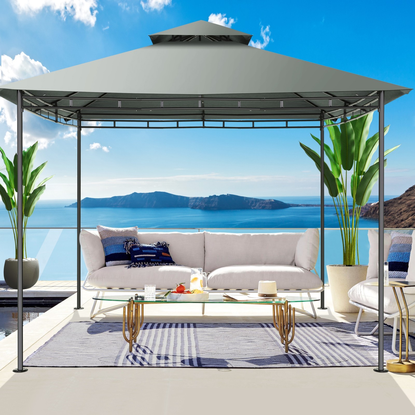 10x10 Patio Gazebo with Mosquito Netting Heavy Duty BBQ Canopy Tent Double Roof